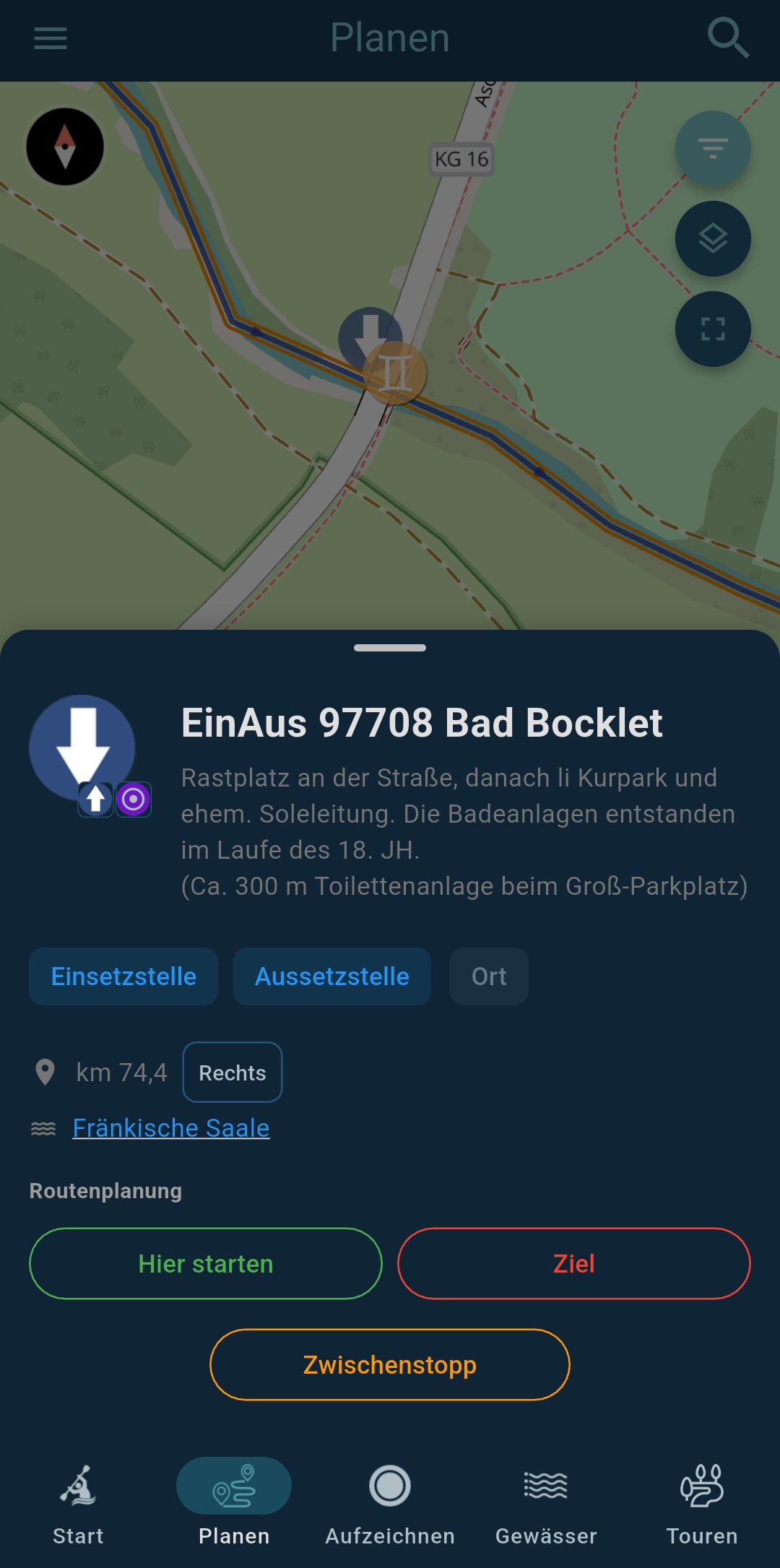 canua version 3 zeigt ein Paddelobjekt auf der Fränkischen Saale südlich von Bad Kissingen